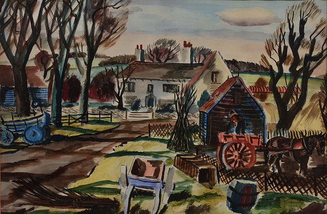 Appraisal: ROWLAND SUDDABY - 'The Farmyard' signed watercolour x cmExh The