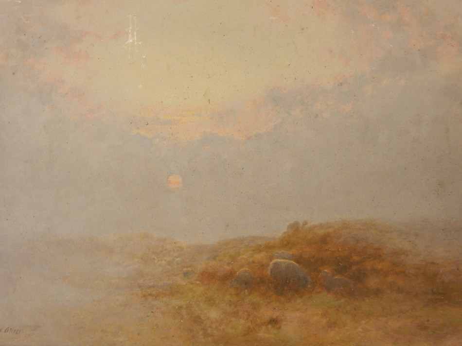 Appraisal: H Oliver th thC Sheep grazing on misty moorland scene