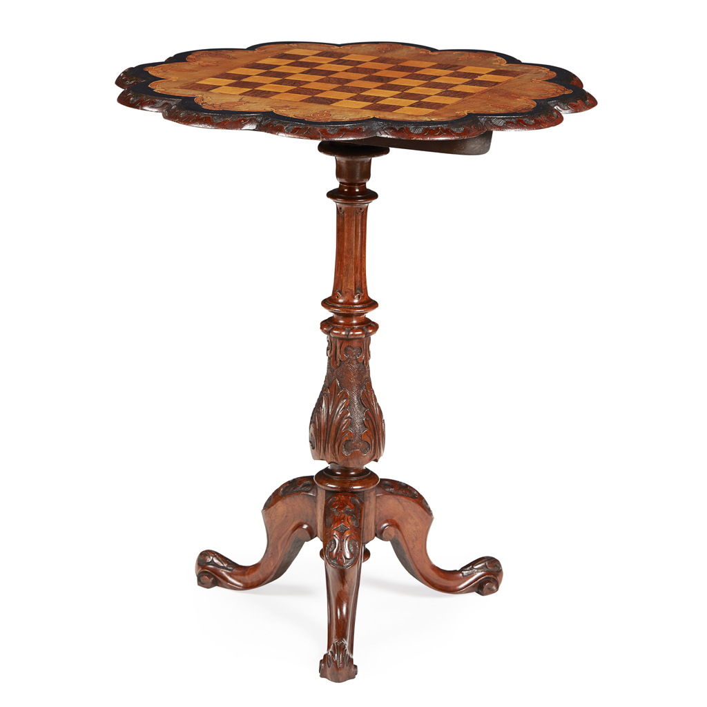 Appraisal: VICTORIAN WALNUT AND MARQUETRY TRIPOD GAMES TABLE TH CENTURY the