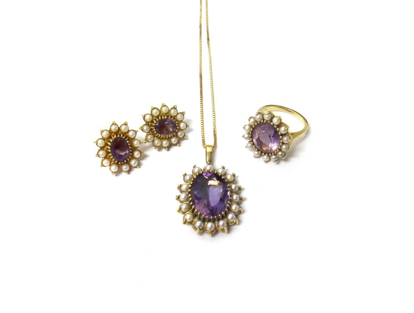 Appraisal: A ct gold amethyst and cultured pearl set oval pendant