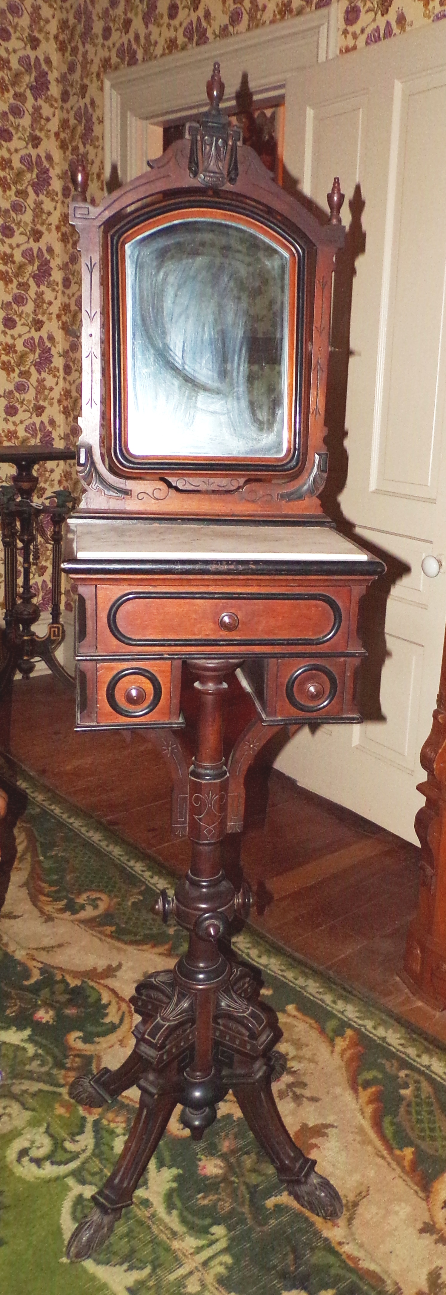 Appraisal: Victorian walnut shaving marble top stand ca drawer over drawers