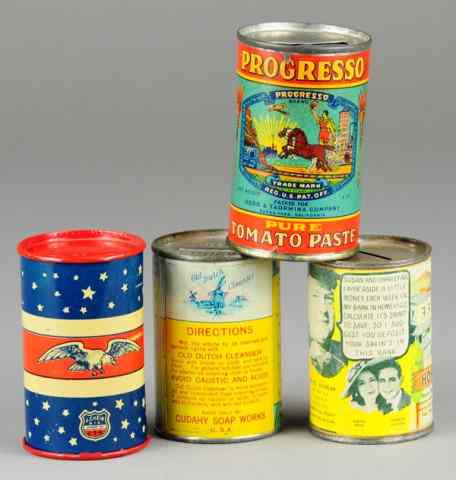 Appraisal: LOT OF FOUR TIN CAN STILL BANKS Includes tin lithographed