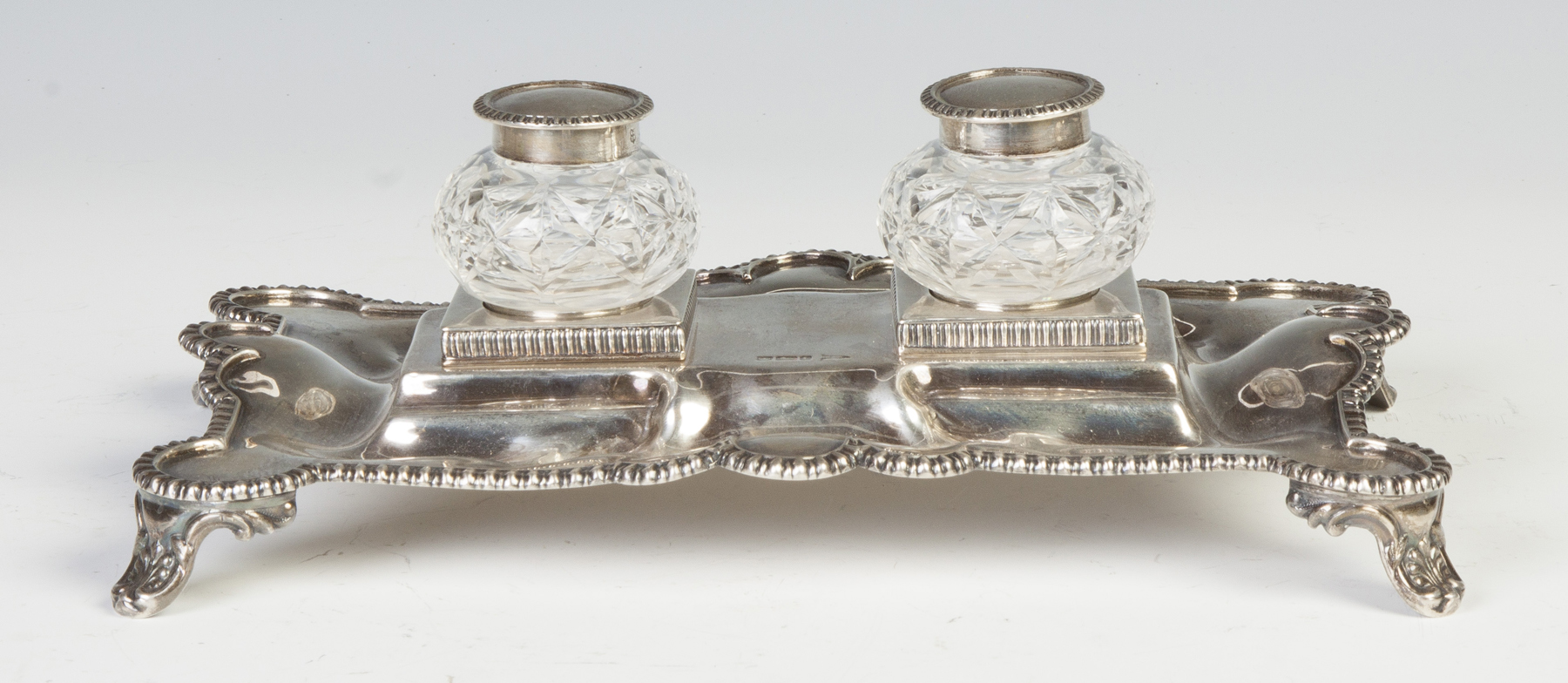 Appraisal: English Silver Inkstand With glass inkwells Retail by Walker Hall