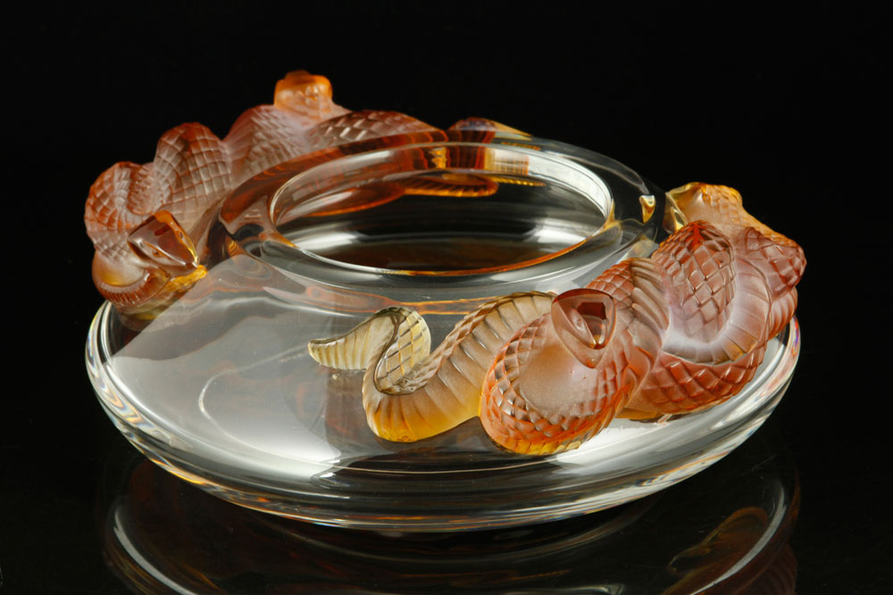 Appraisal: - Lalique Serpent Bowl Lalique clear and amber serpent bowl