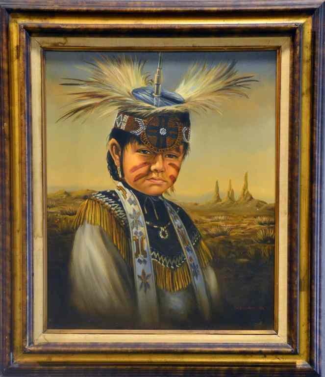 Appraisal: Kenneth Su Oil Painting On CanvasDepicting a young Indian Chief