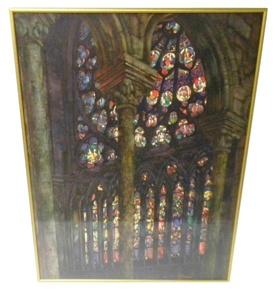 Appraisal: Watercolor on paper depicting Gothic cathedral interior detail of vibrantly