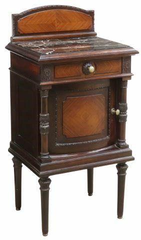 Appraisal: Italian mahogany bedside cabinet th c raised backsplash inset marble