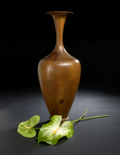 Appraisal: Large Turned and Pieced Walnut and Teak Tall-Neck Garniture Vase