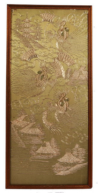 Appraisal: A LARGE CHINESE GREEN GROUND CLOTH PANEL with silver thread