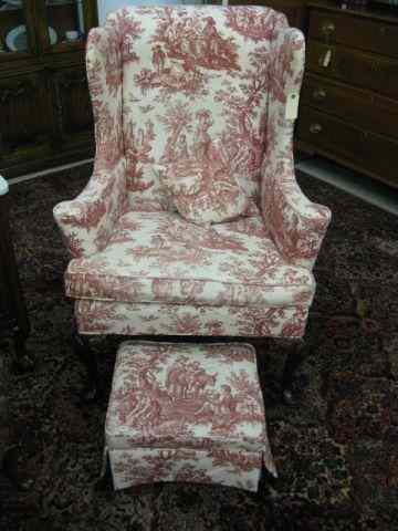 Appraisal: Wing Back Chair and Footstool rose color French design fabric