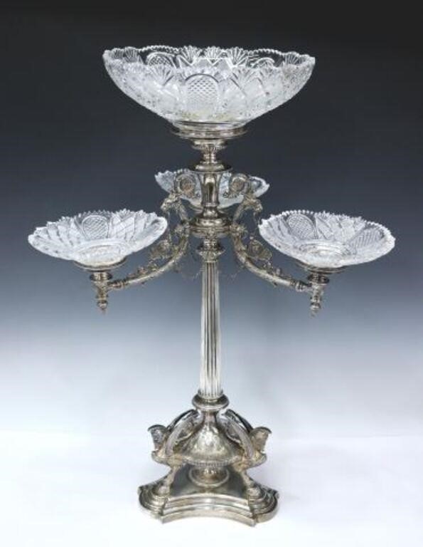 Appraisal: English silverplate epergne centerpiece th c cut glass bowls supported