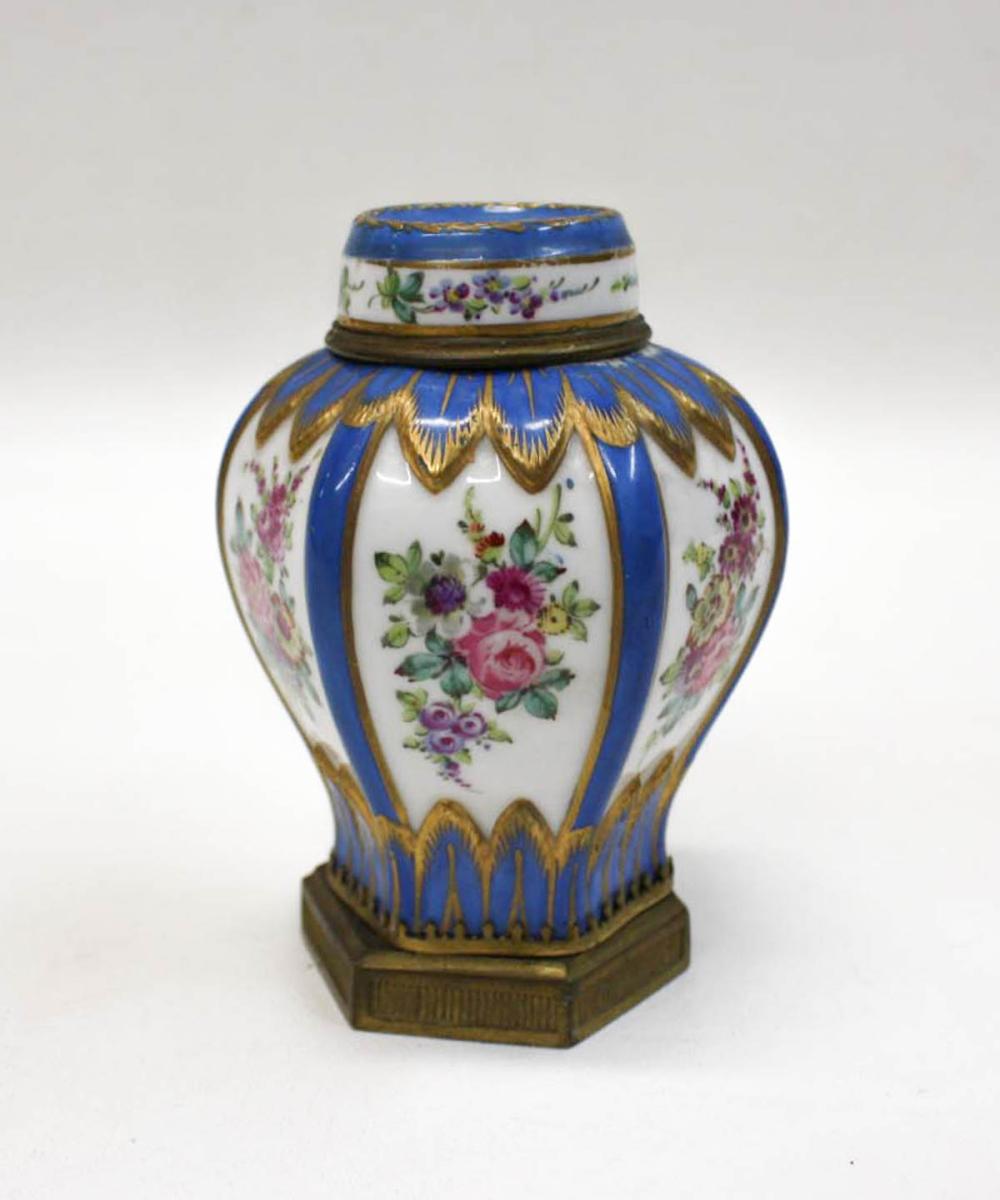 Appraisal: SEVRES STYLE PORCELAIN AND GILT BRONZE LIDDED jar octagonal with