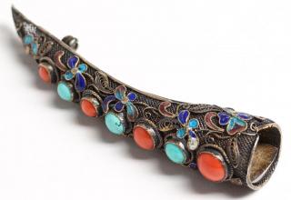 Appraisal: Chinese Silver Filigree Mandarin Fingernail Pin Embedded with graduated cabochon