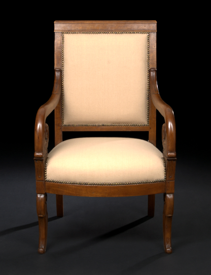 Appraisal: Restauration-Style Fruitwood Fauteuil the padded rectangular back joined to the