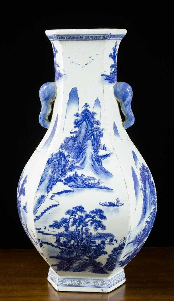 Appraisal: CHINESE QING STYLE PORCELAIN BLUE AND WHITE VASE hexagonal baluster