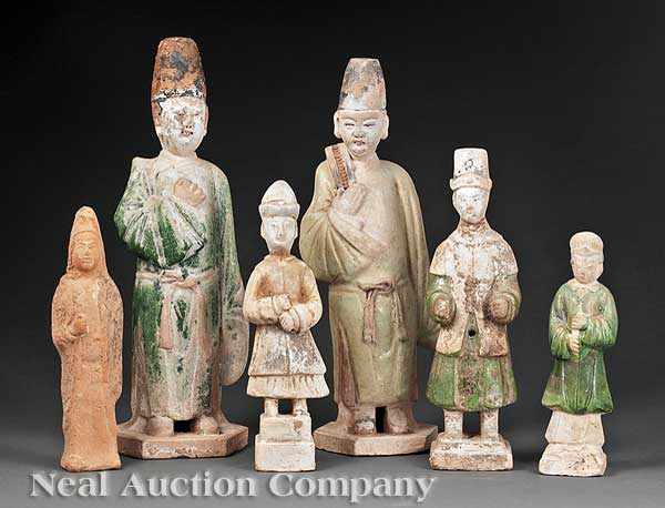 Appraisal: A Group of Five Chinese Partial Green Glazed Pottery Figures