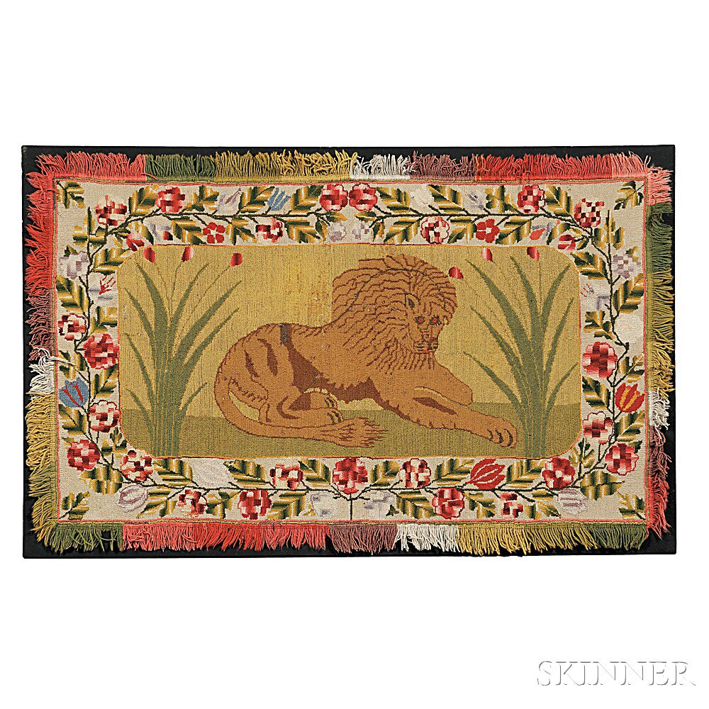 Appraisal: Wool Table Mat America mid- th century the recumbent lion