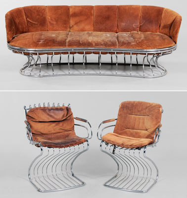 Appraisal: Mid-Century Modern Chrome and Suede Sofa and Two Chairs Italian