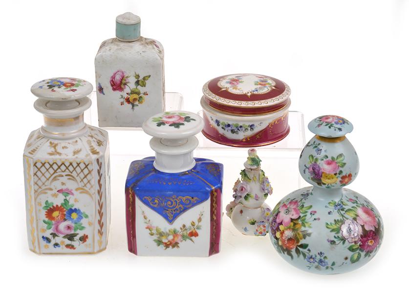 Appraisal: FIVE FLORAL CHINA LIDDED BOTTLES AND ONE LIDDED BOX SOME