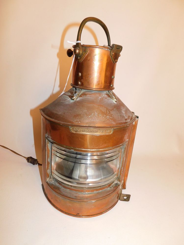 Appraisal: ENGLISH COPPER SHIP LANTERN Dated Birmingham copper bow and starboard