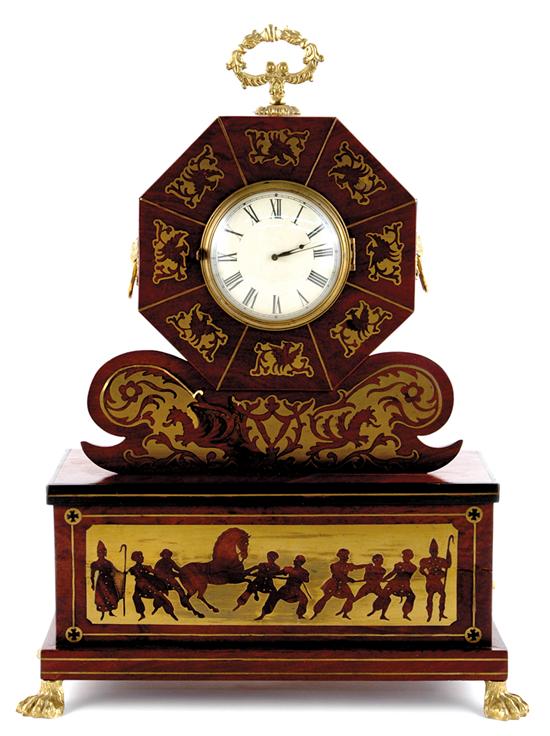 Appraisal: English sedan style brass-inlaid shelf clock circa hexagonal mahogany case