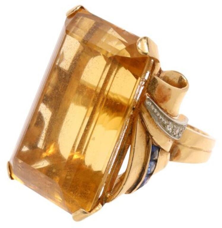 Appraisal: Estate kt yellow gold cocktail ring large emerald cut citrine