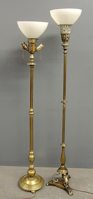 Appraisal: - Two brass standing floor lamps with white glass shades