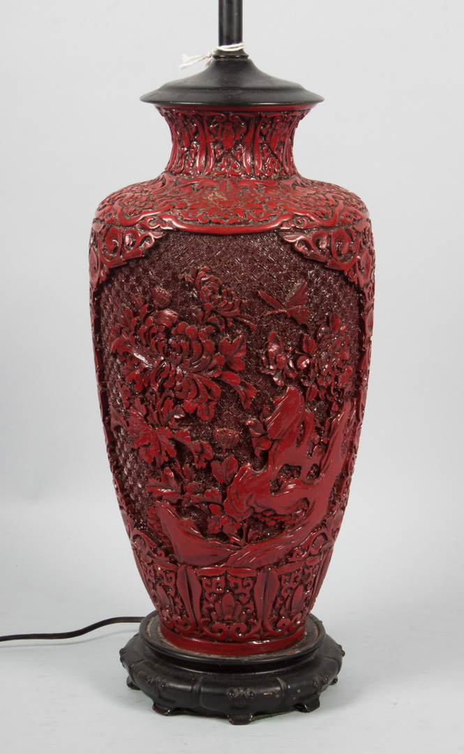 Appraisal: Chinese cinnabar lacquer vase lamp early th century elaborately carved