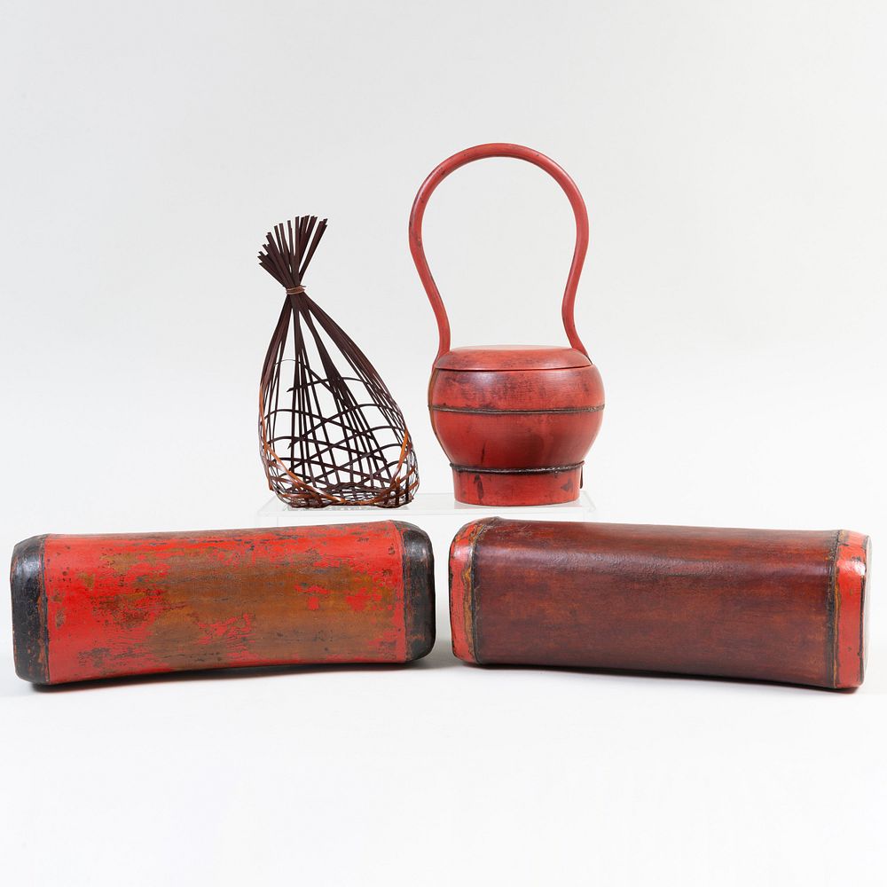 Appraisal: Chinese Red Lacquer Basket and a Pair of Lacquer Pillows