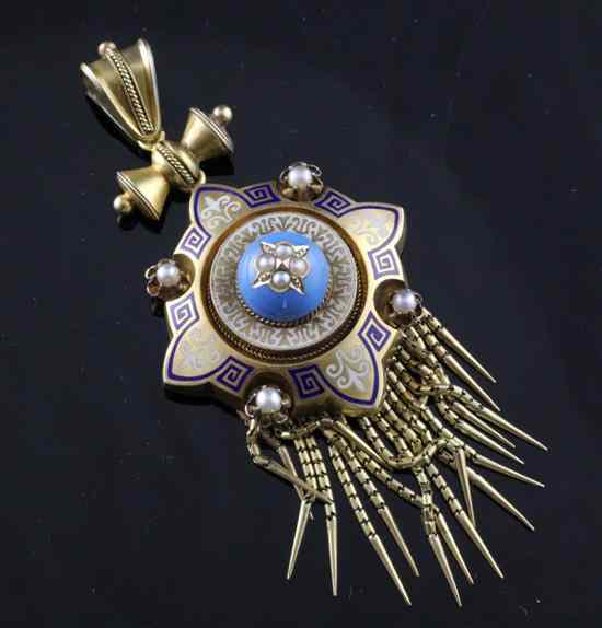 Appraisal: A Victorian enamel and pearl set gold pendant with tassle