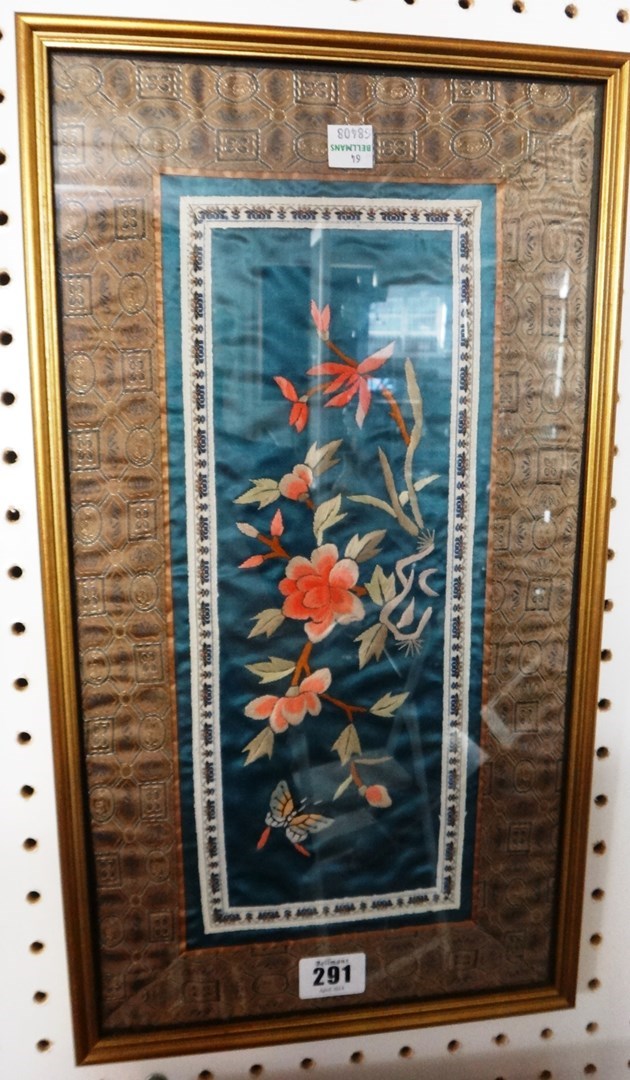 Appraisal: A pair of Chinese embroidered silk panels th century each