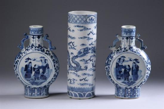 Appraisal: PAIR CHINESE BLUE AND WHITE PORCELAIN MOON FLASKS AND VASE