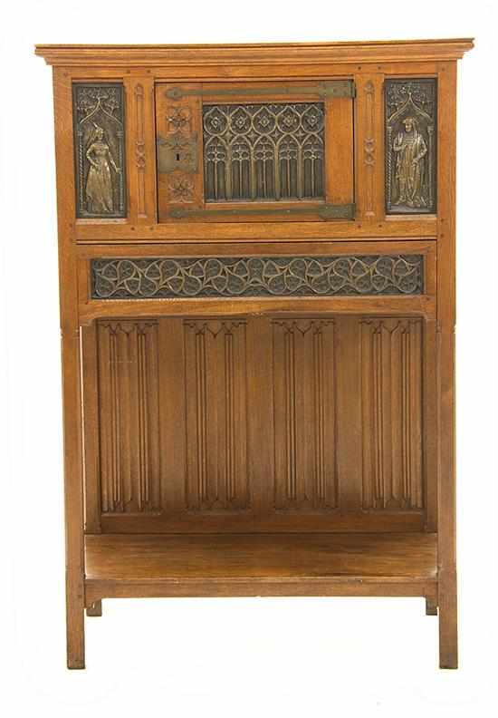 Appraisal: English carved oak and brass-panel court cupboard late th century