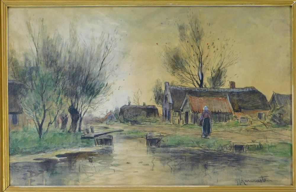 Appraisal: C European Farm Genre River Landscape Painting Europe Late th