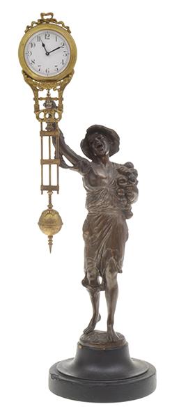 Appraisal: A GERMAN SPELTER FIGURAL MYSTERY CLOCK BOY WITH ORANGES cm