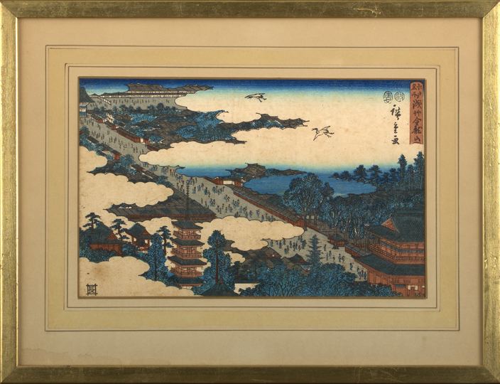 Appraisal: Japanese Framed Woodblock Print signed Hiroshige depicting an aerial view