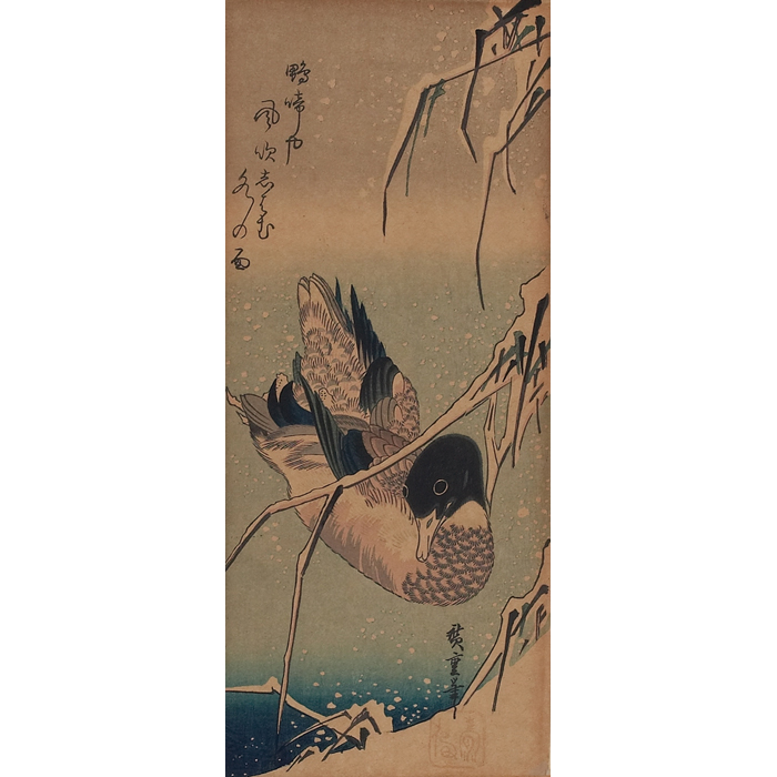 Appraisal: Utagawa Hiroshige Japanese - ''A Wild Duck Swimming Beneath Snow-Laden