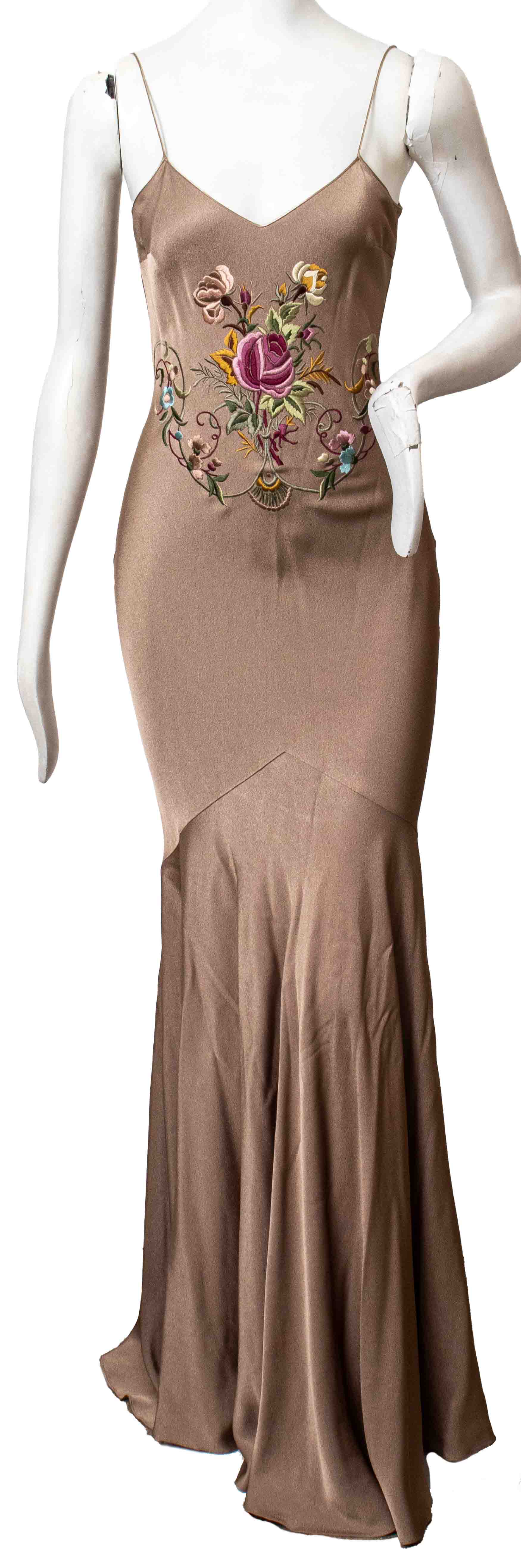 Appraisal: JOHN GALLIANO TAUPE EMBROIDERED EVENING GOWN John Galliano taupe embroidered