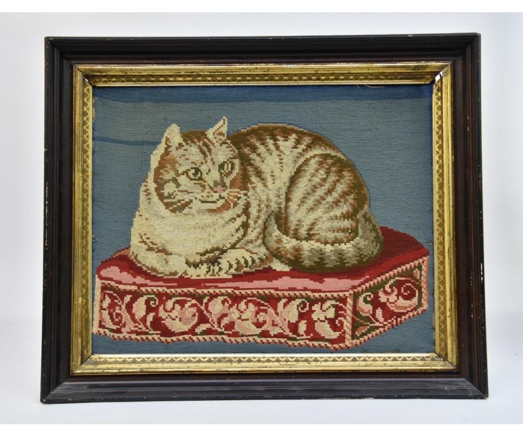 Appraisal: Victorian colorful wool needlework of cat on a cushion circa