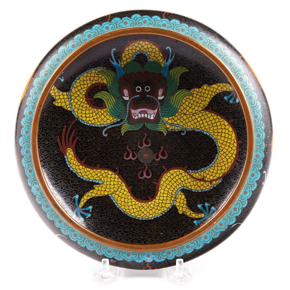 Appraisal: Japanese Cloisonne Metal Dragon Bowl Japanese cloisonne metal bowl decorated