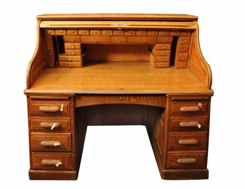 Appraisal: Oak S Roll Top Desk Circa Eight side drawers one