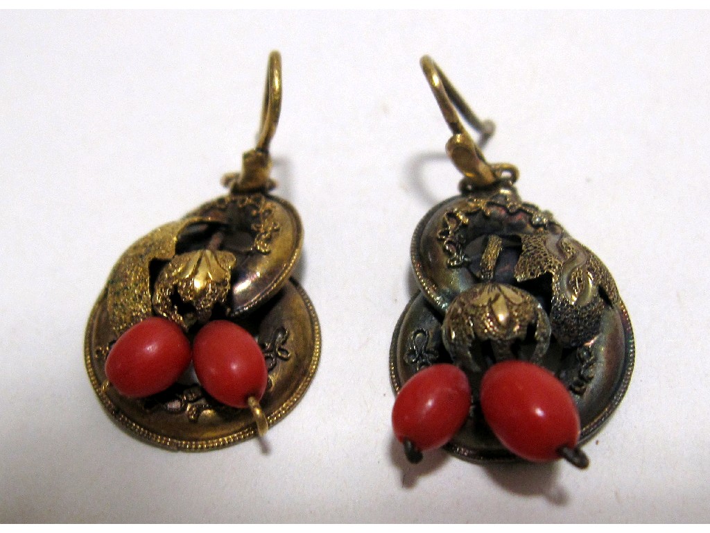 Appraisal: Pair of Victorian unmarked gold coral set drop earrings