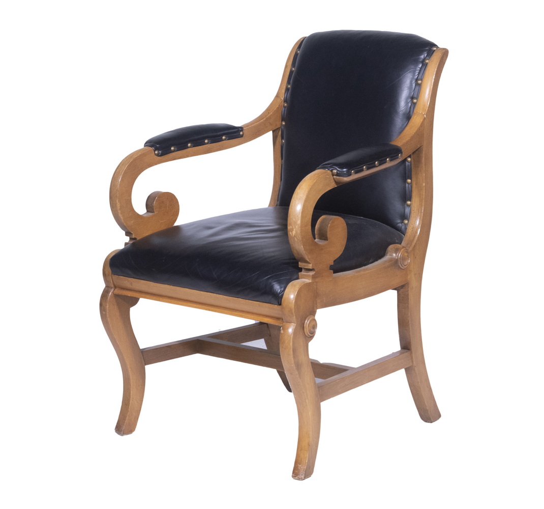 Appraisal: MAHOGANY ARMCHAIR Empire Style Sabre Leg Armchair by Trouvailles Furniture