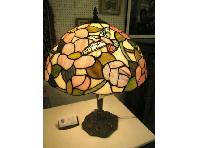 Appraisal: Leaded Glass Lamp hummingbird shade on floral base