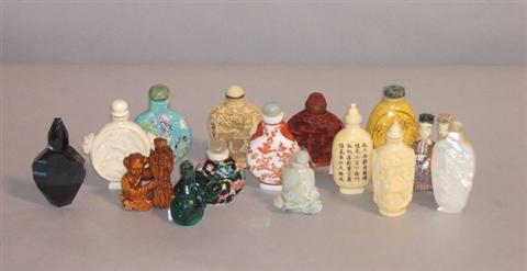 Appraisal: COLLECTION OF FIFTEEN VARIOUS SNUFF BOTTLES Comprising a carved cinnabar