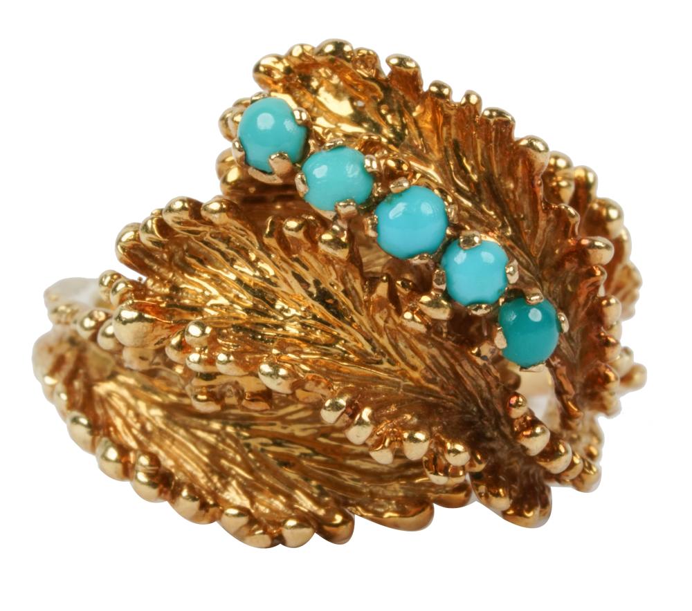 Appraisal: KARAT YELLOW GOLD TURQUOISE RINGcontaining five round cabochon cut turquoises