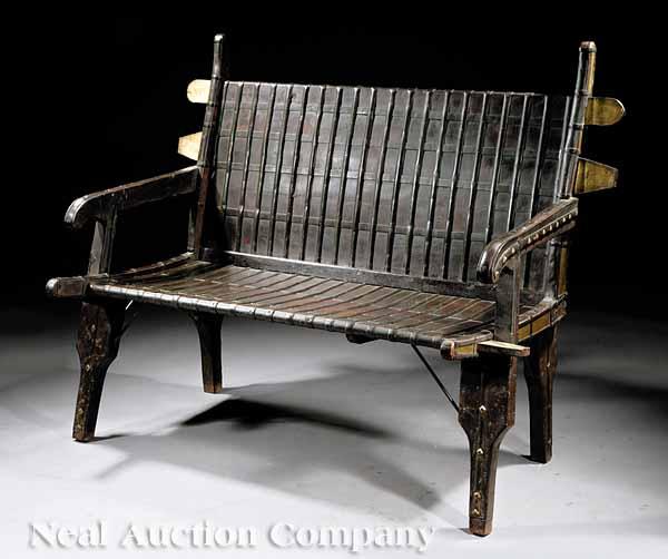 Appraisal: A South Asian Iron and Steel-Bound Exotic Hardwood Settee the