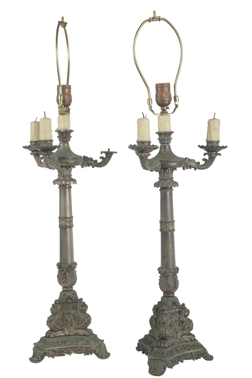 Appraisal: PAIR OF BAROQUE-STYLE VERDIGRIS METAL CANDELABRAeach wired for electricity with