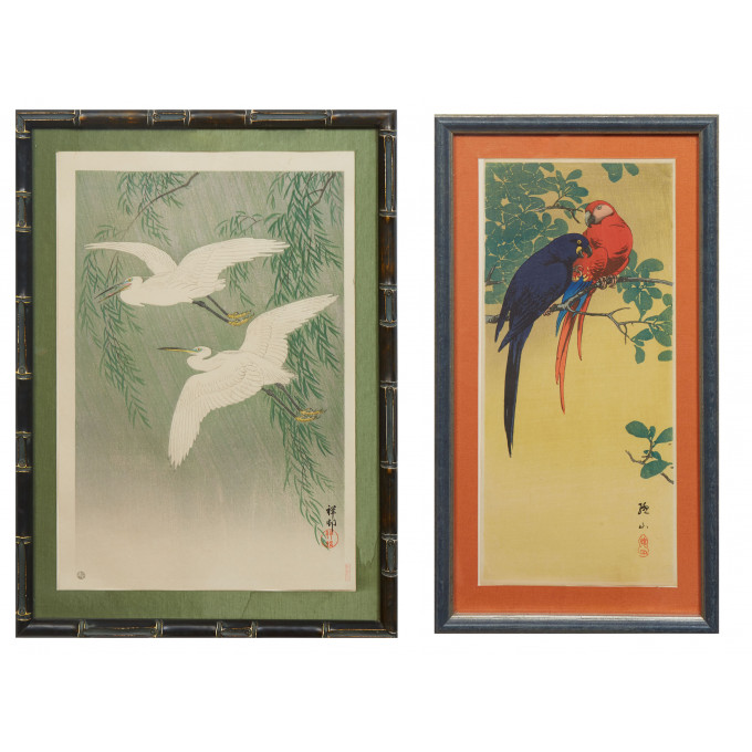 Appraisal: Pair of Asian Woodblock Prints Pair of Flying Chinese Egret