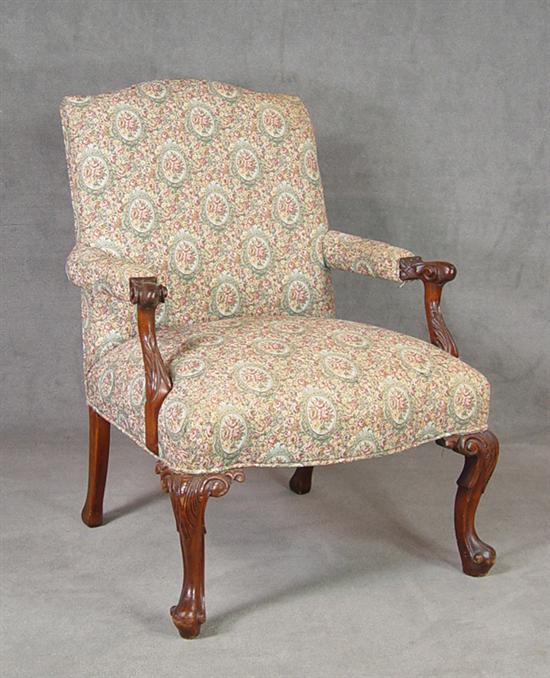 Appraisal: Stained Mahogany Chippendale Style Open Armchair Circa Carved arms and